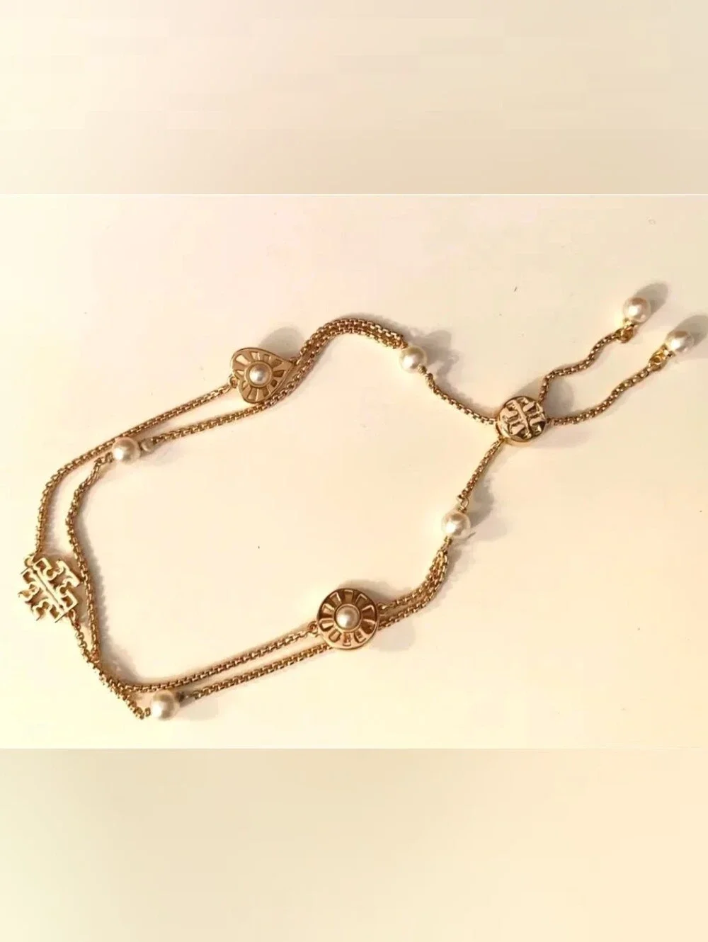 Tory Burch Gold and White Double-Layer Pearl Accent Necklace